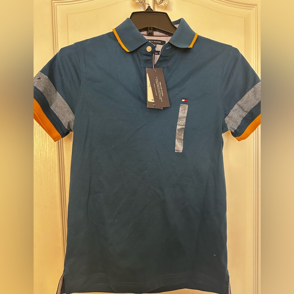 Tommy Hilfiger Blue Teal Polo Shirt with Orange and Gray Accents, size XS, new